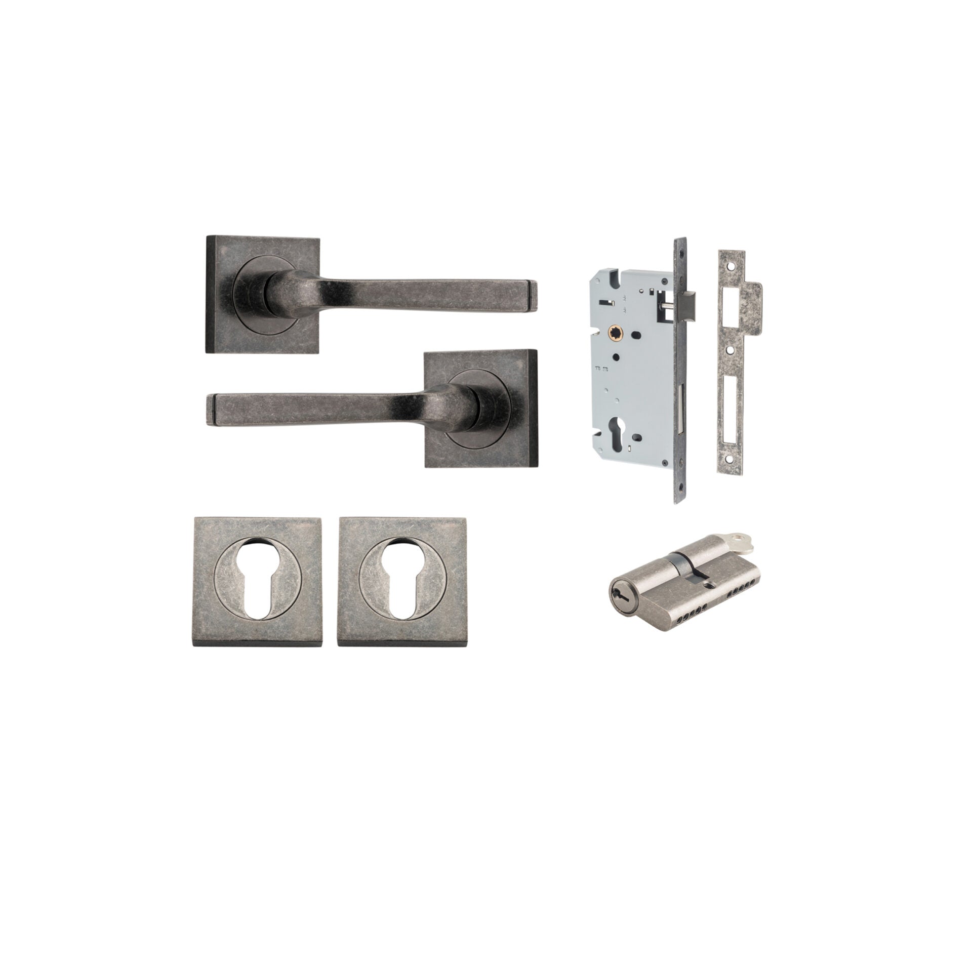 Annecy Lever - Square Rose - Entry Point - Iver - Distressed Nickel - Door Levers - Entrance Kit - Door Handle - Solid Brass