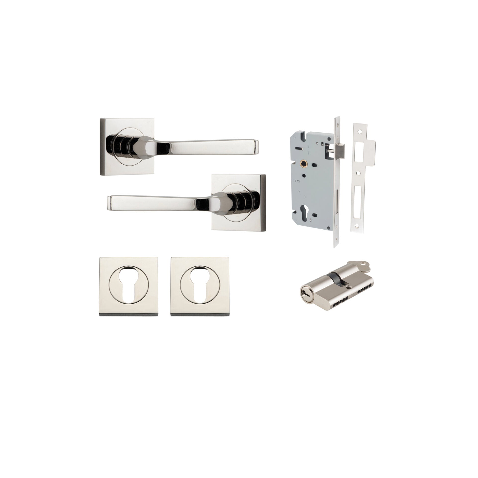 Annecy Lever - Square Rose - Entry Point - Iver - Polished Nickel - Door Levers - Entrance Kit  - Door Handle - Solid Brass