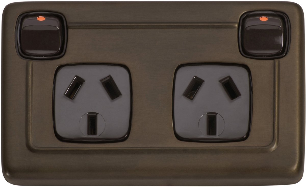 2 Gang Flat Plate Rocker Switches with Double Socket by Tradco - Entry - Point - 5849 - Tradco