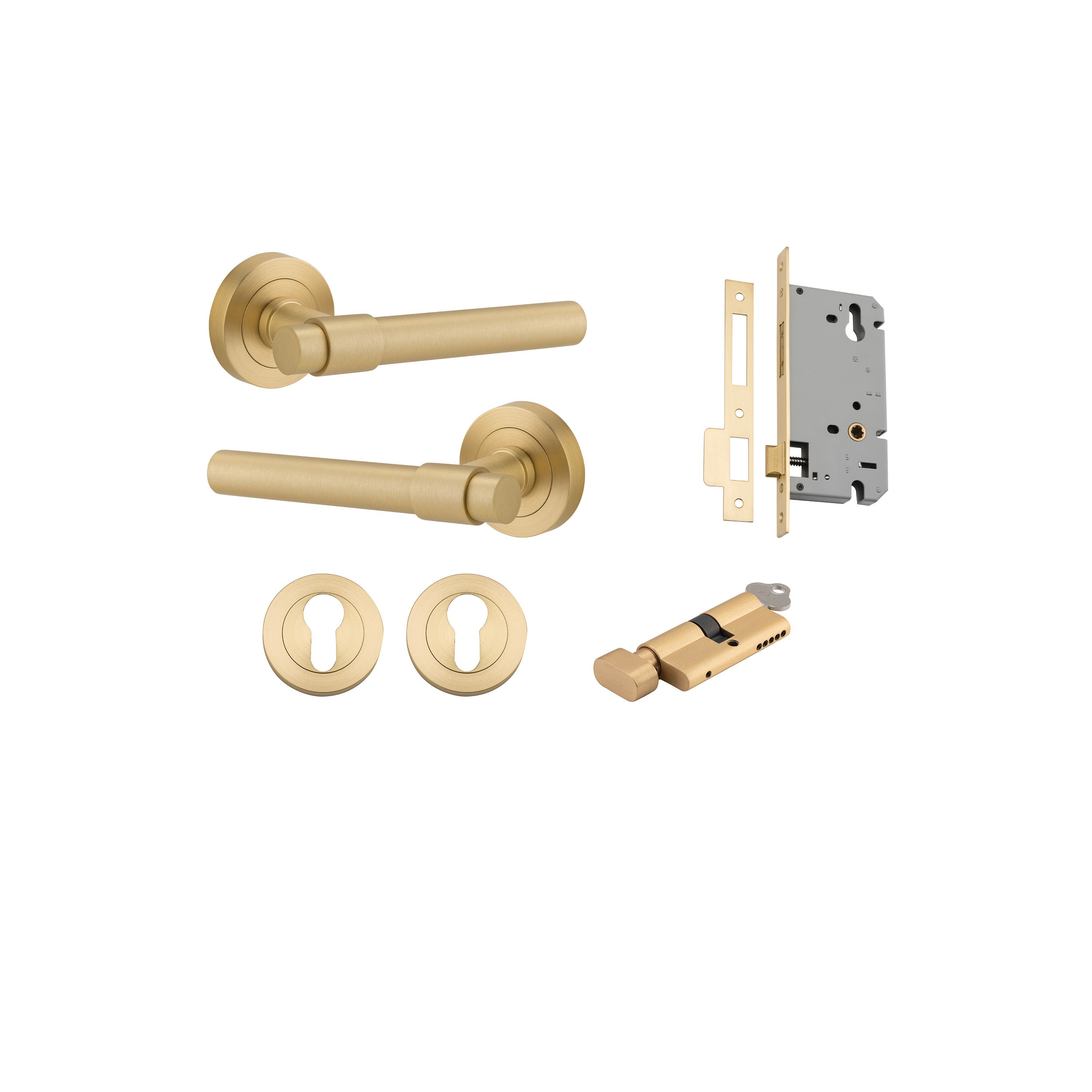 Helsinki Lever - Round Rose - Entry Point - Iver - Brushed Gold PVD - Door Levers