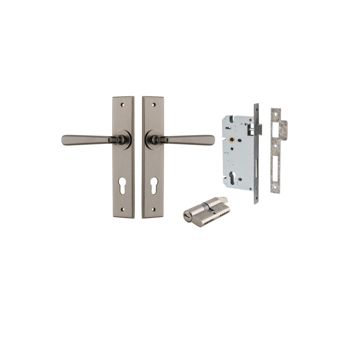 Copenhagen Lever - Chamfered Backplate - Entry Point - Iver - Distressed Nickel - Door Levers