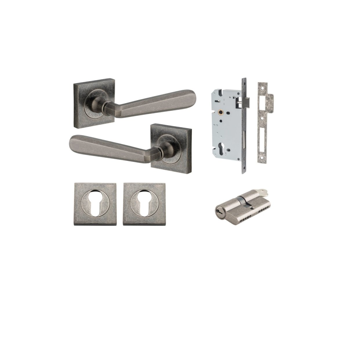 Copenhagen Lever - Square Rose - Entry Point - Iver - Distressed Nickel - Door Levers