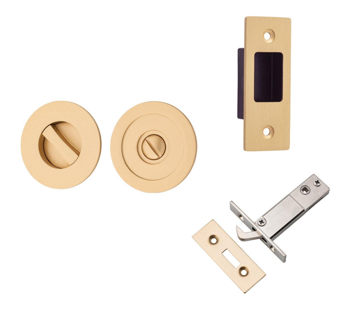 Round Sliding Flush Door Privacy Kit - Entry Point - Iver - Brushed Brass - Sliding Door Pulls