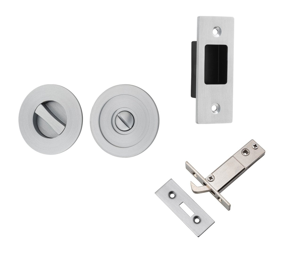 Round Sliding Flush Door Privacy Kit - Entry Point - Iver - Brushed Chrome - Sliding Door Pulls