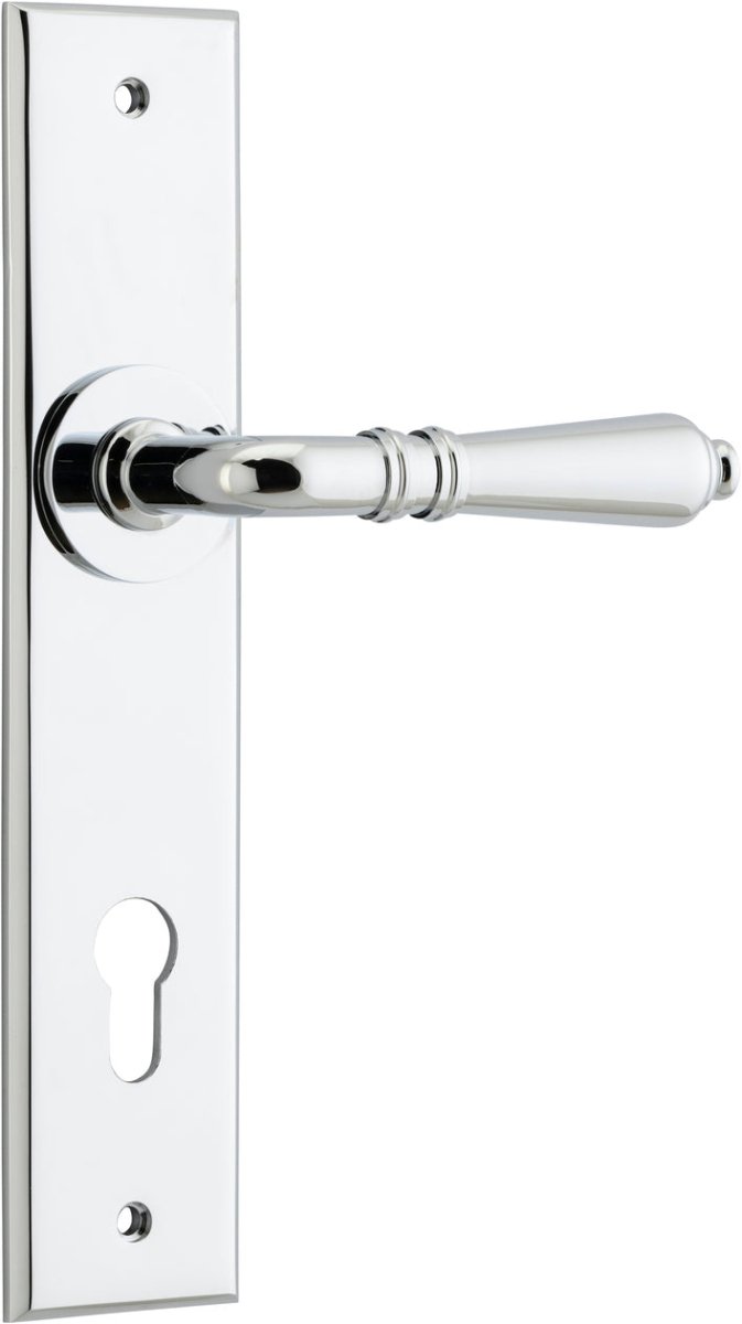 Sarlat Lever - Chamfered Backplate - Entry Point - Iver - Polished Chrome - Door Levers