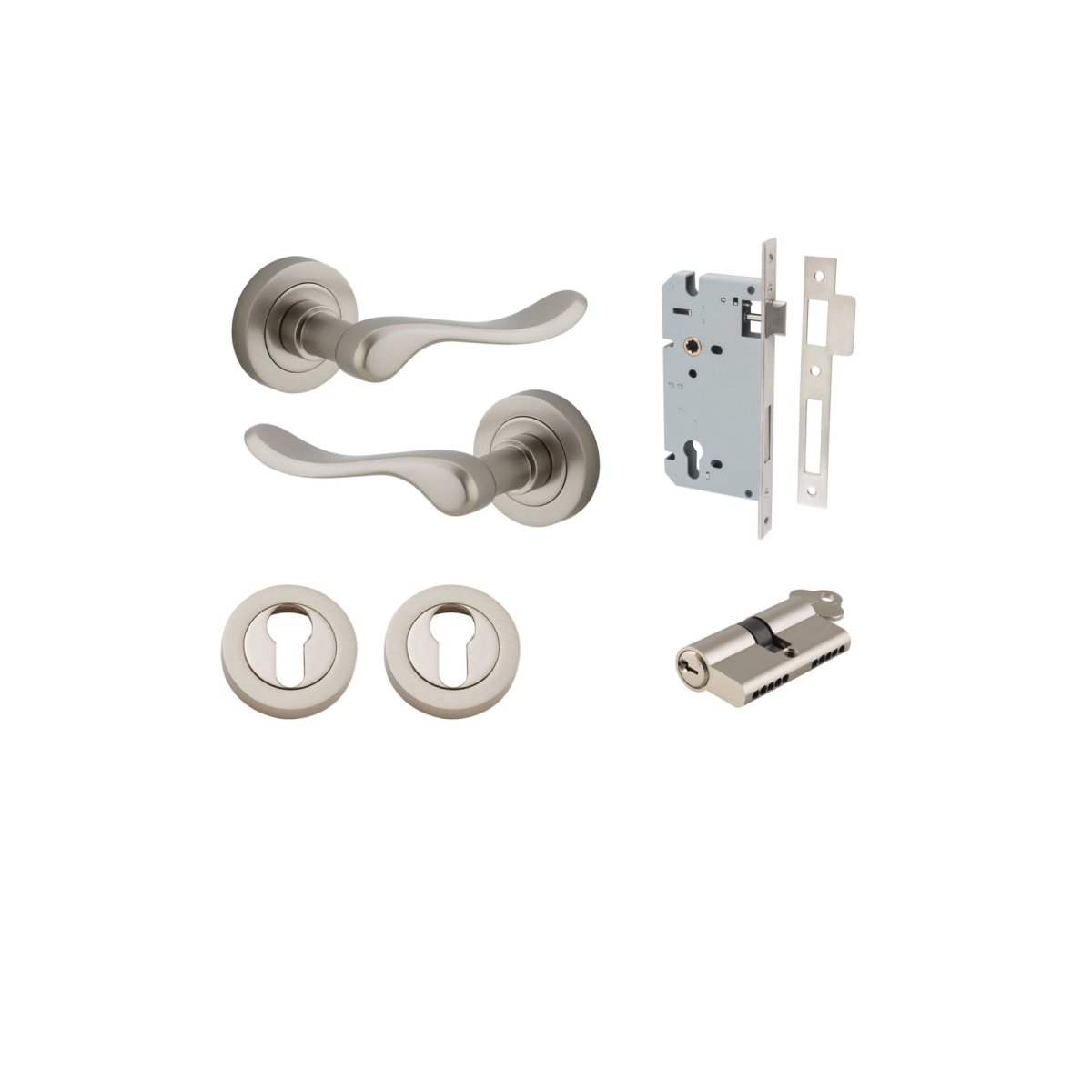 Stirling Lever - Round Rose - Entry Point - Iver - Satin Nickel - Door Levers